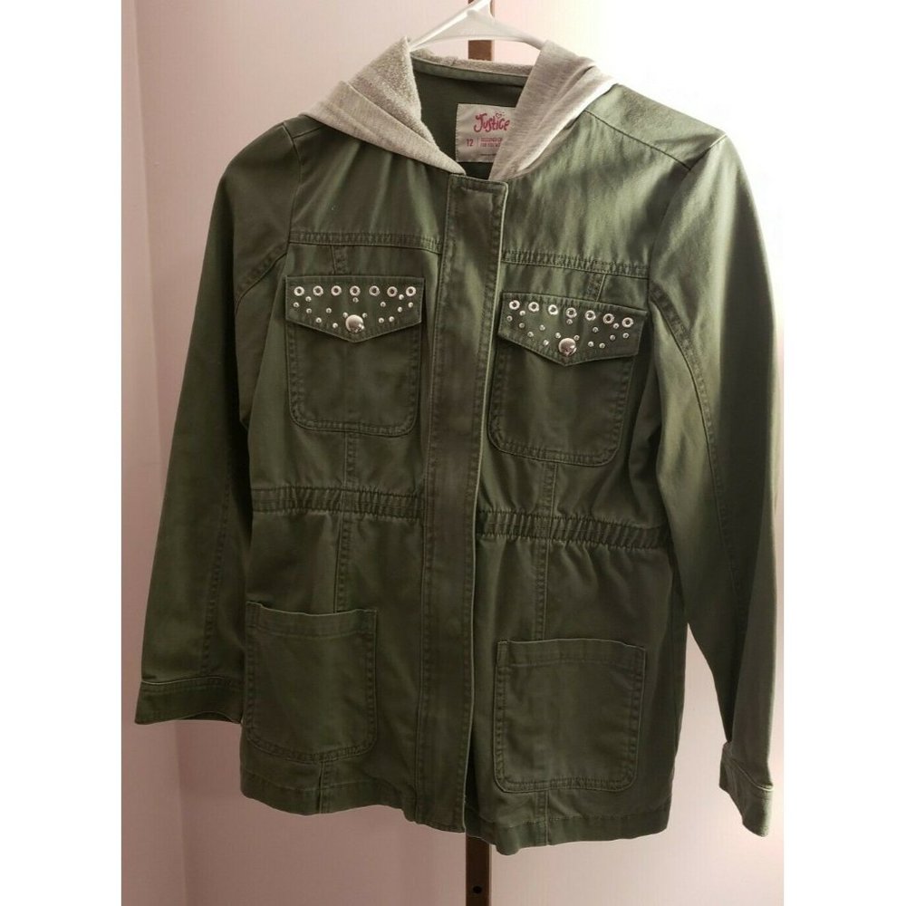 Justice Girls Jacket Size 12 Green Full Zip Long Sleeved with hood